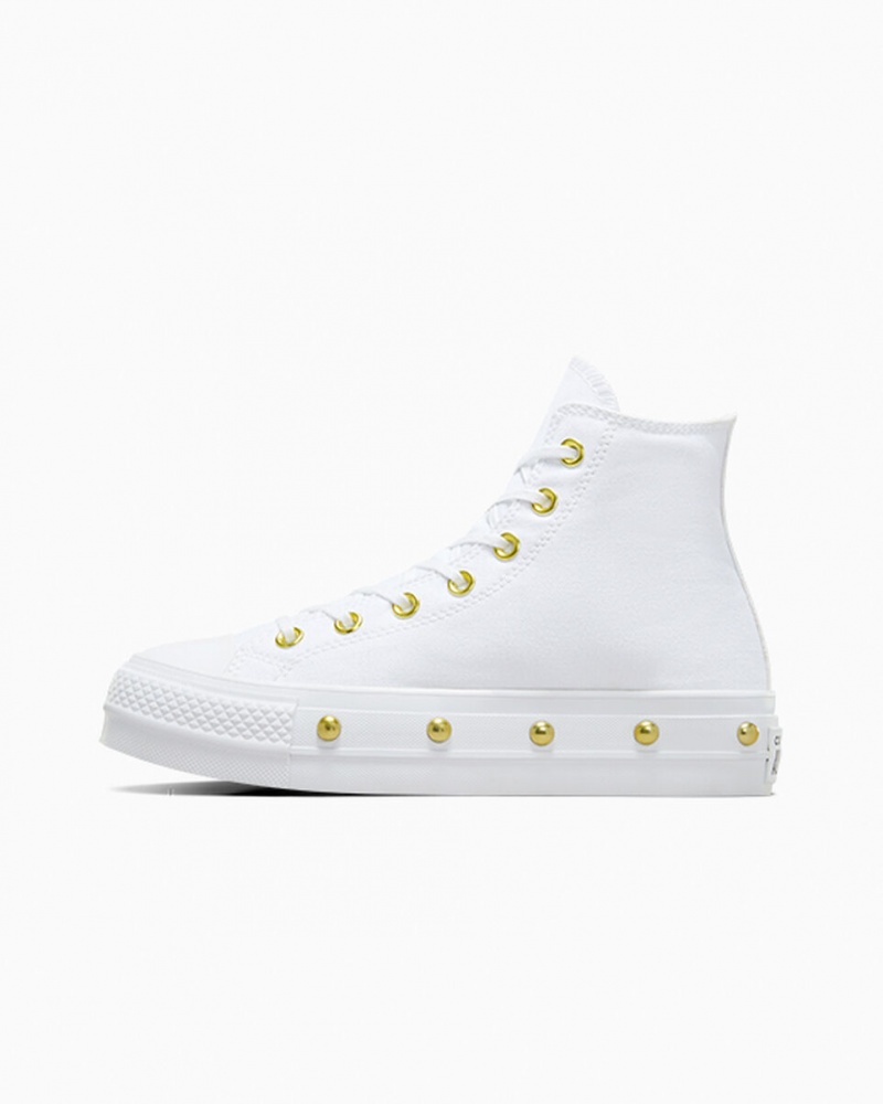 Converse Chuck Taylor All Star Lift Plataforma Star Studded Branco Branco Douradas | 1267-OPWAK