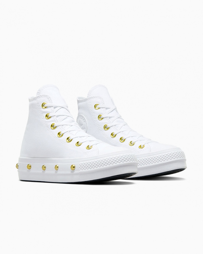 Converse Chuck Taylor All Star Lift Plataforma Star Studded Branco Branco Douradas | 1267-OPWAK