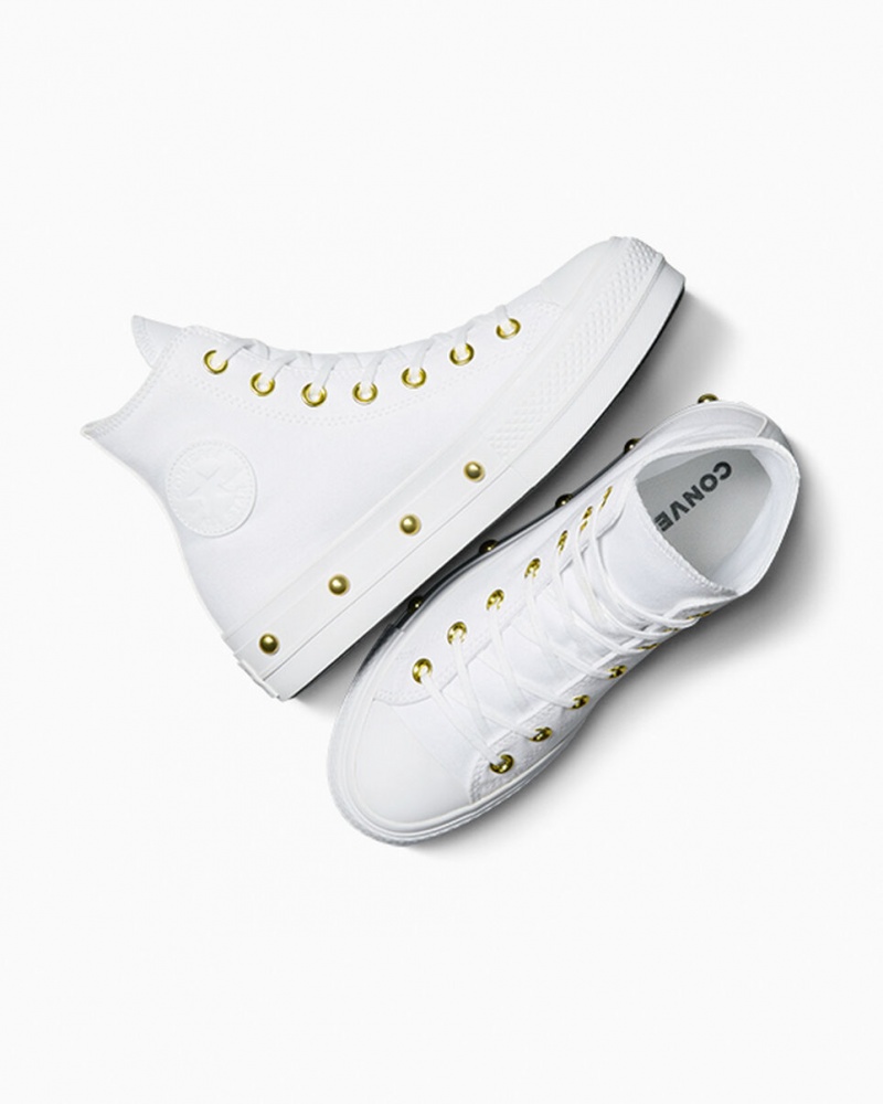 Converse Chuck Taylor All Star Lift Plataforma Star Studded Branco Branco Douradas | 1267-OPWAK