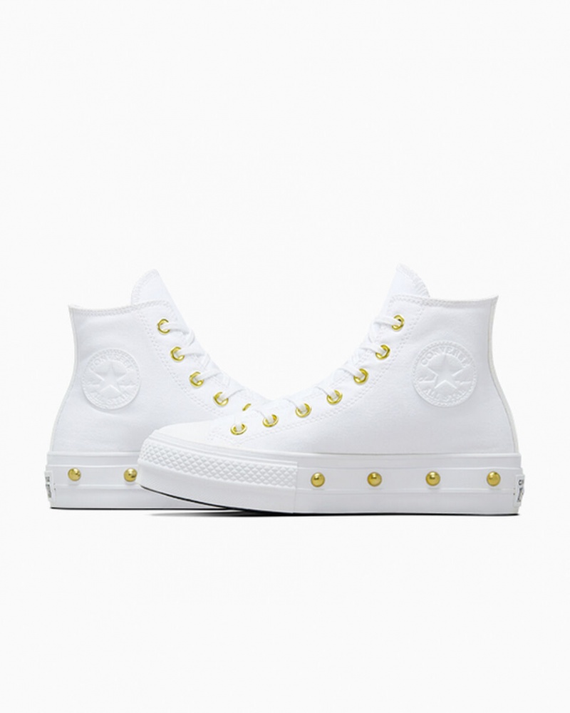 Converse Chuck Taylor All Star Lift Plataforma Star Studded Branco Branco Douradas | 1267-OPWAK