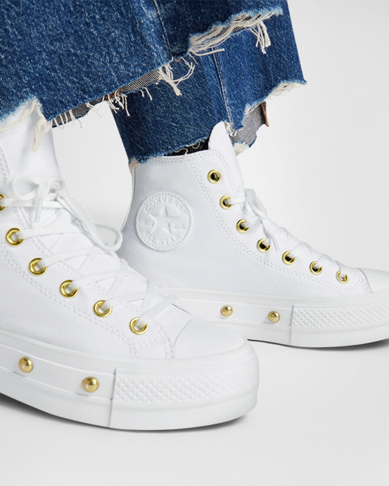 Converse Chuck Taylor All Star Lift Plataforma Star Studded Branco Branco Douradas | 1267-OPWAK