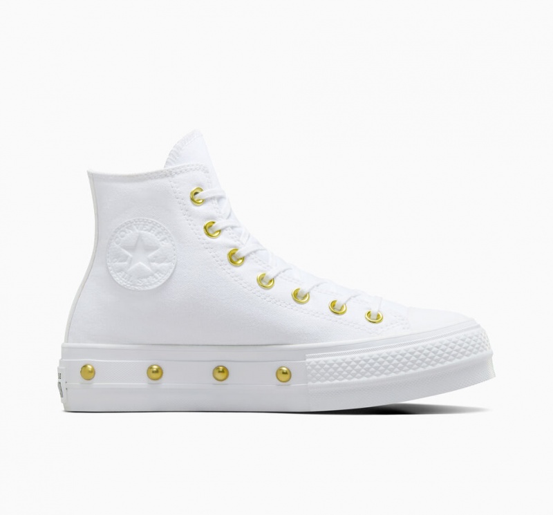 Converse Chuck Taylor All Star Lift Plataforma Star Studded Branco Branco Douradas | 1267-OPWAK