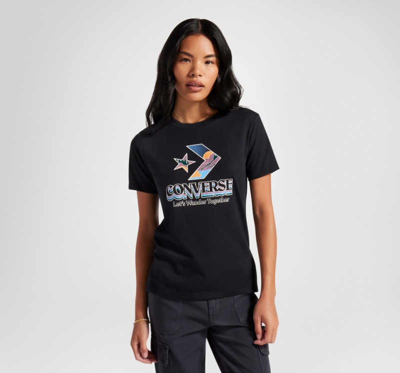 Converse Star Chevron Mountain Gráficas T-Shirt Pretas | 9261-GJMBW